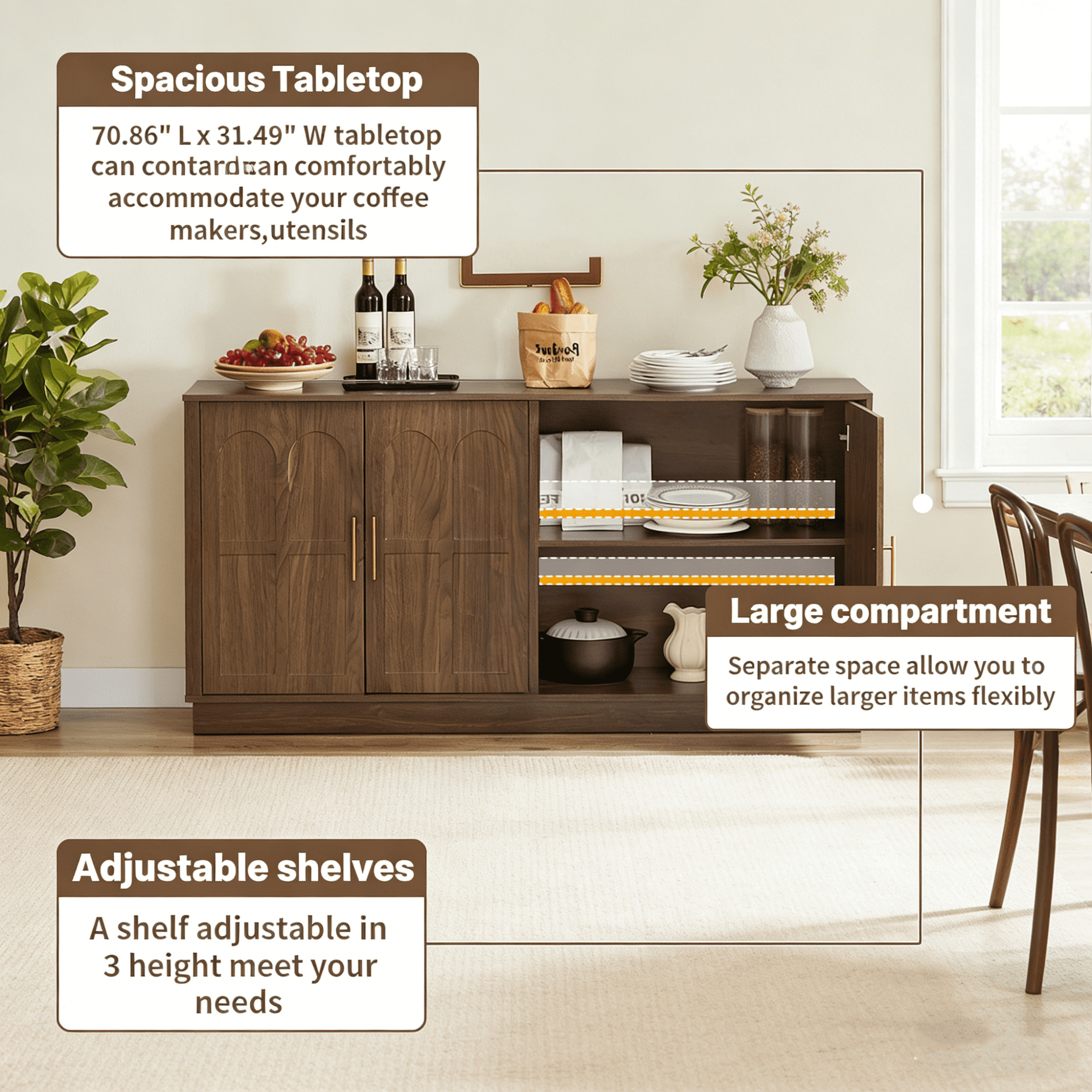 BFJDM 67" Arched Sideboard Buffet Cabinet, 4-Door Wood Walnut Credenza Storage Accent Cabinet TV Console for Living Room Kitchen Dining Room Entryway