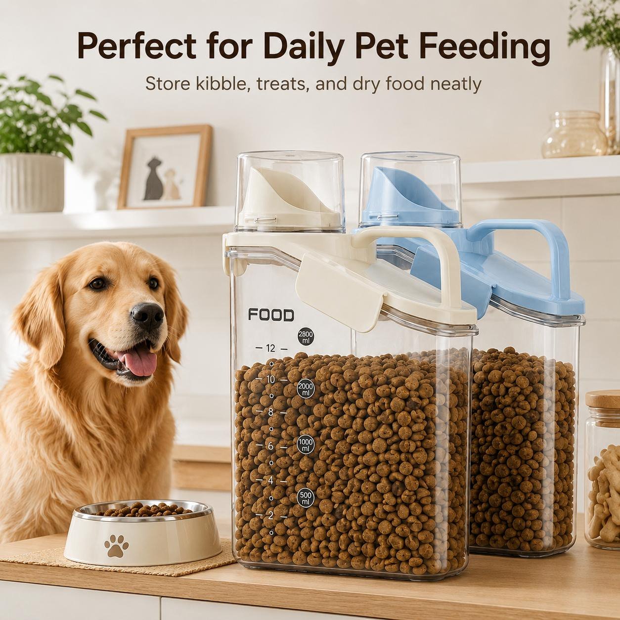 2 Pack 2.8L 94oz Airtight BPA Free Dry Pet Food Storage Dispenser with Measuring Cup and Pour Spout (Blue & White)