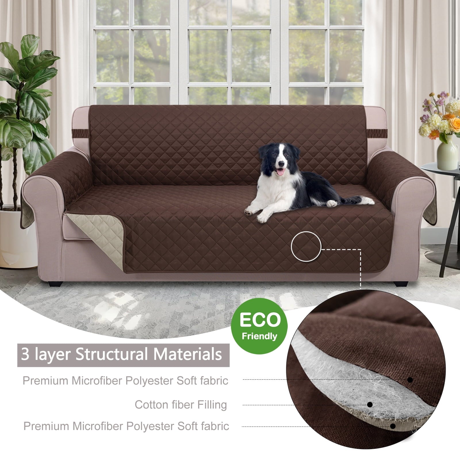 U-NICE HOME Reversible Sofa Cover 3-Seater, Washable, Water Repellent, Elastic Straps, Chocolate/Beige
