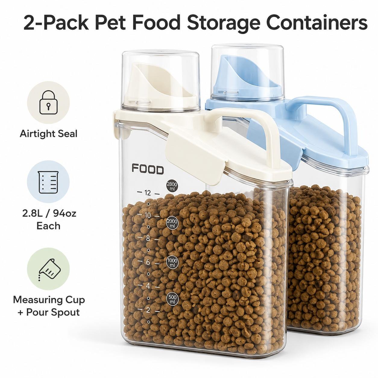 2 Pack 2.8L 94oz Airtight BPA Free Dry Pet Food Storage Dispenser with Measuring Cup and Pour Spout (Blue & White)