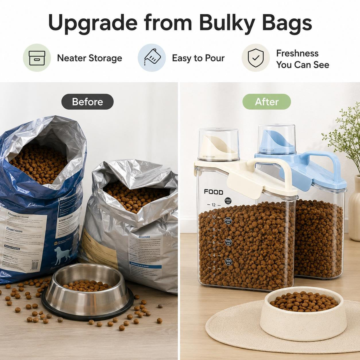 2 Pack 2.8L 94oz Airtight BPA Free Dry Pet Food Storage Dispenser with Measuring Cup and Pour Spout (Blue & White)